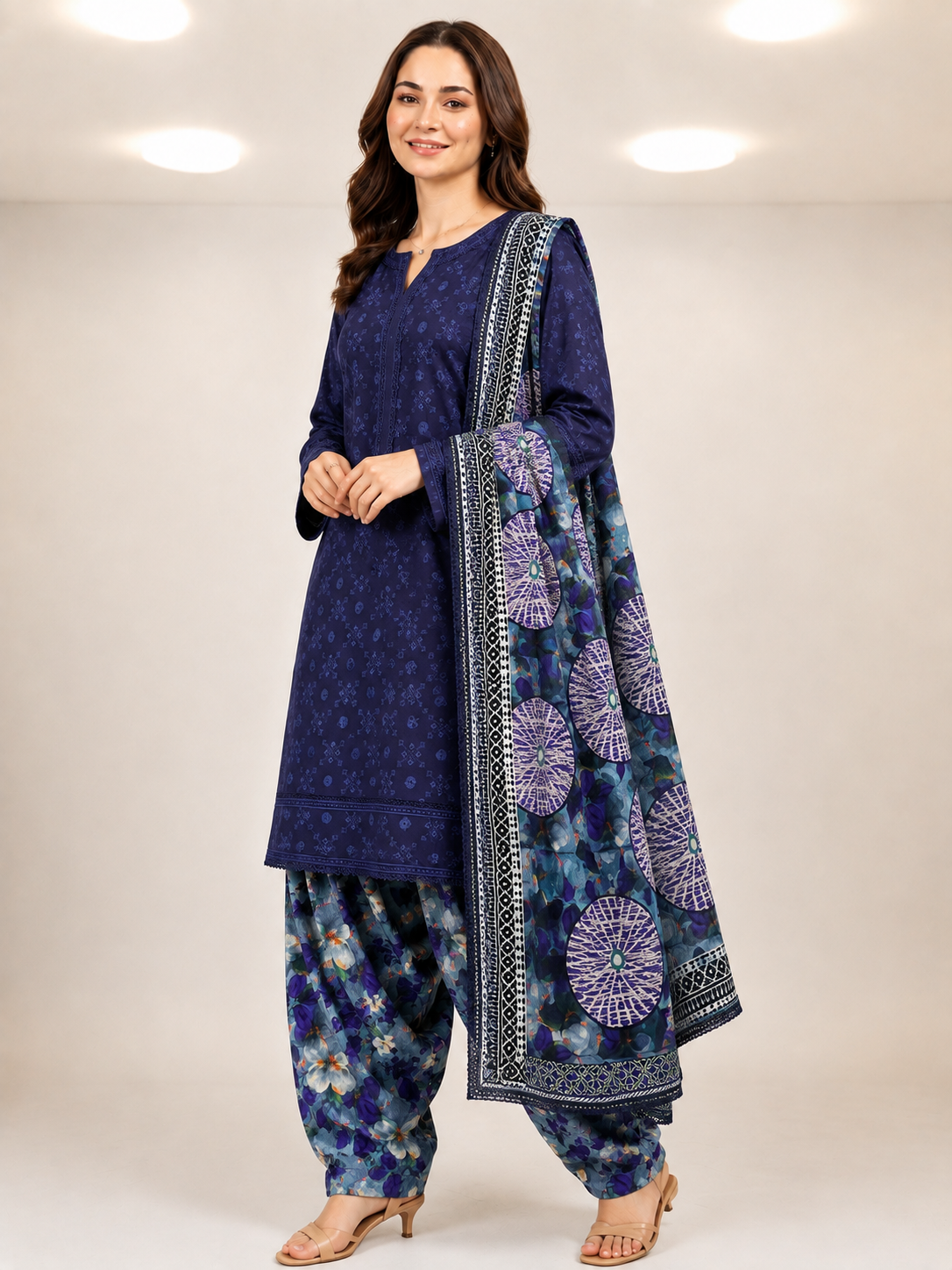 (82) Punjabi Patiala shalwar cotton sequin lace chickankari printed contrast ready to wear suit