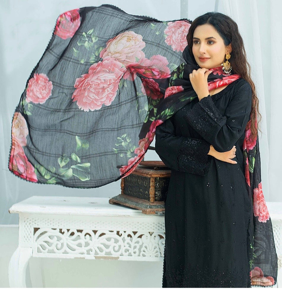 (345) Pakistani Viscose Chikankari Suit | Sequin & Floral Dupatta