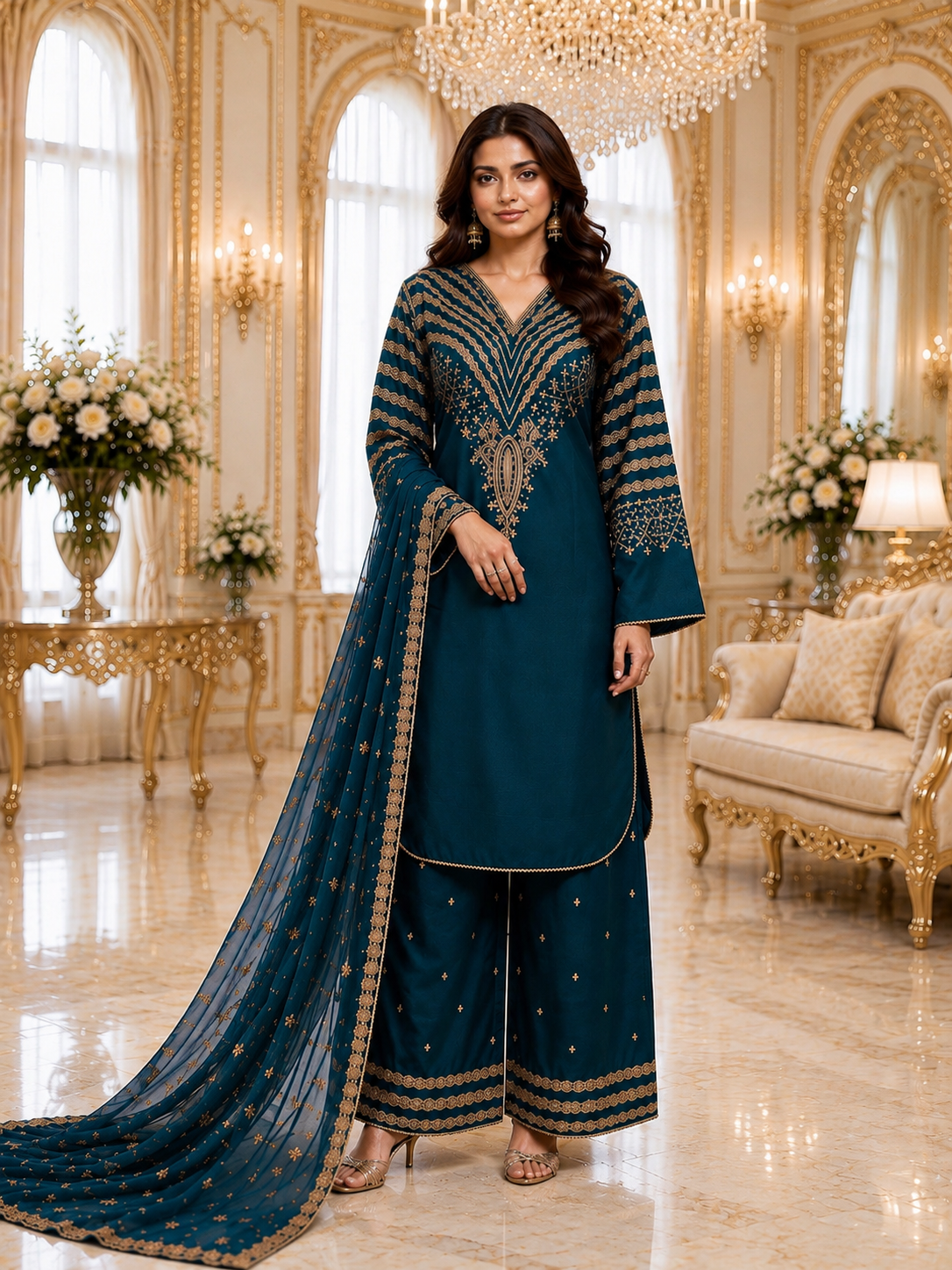 (291) Viscose Palazzo Suit | Gold Thread & Sequin Embroidery
