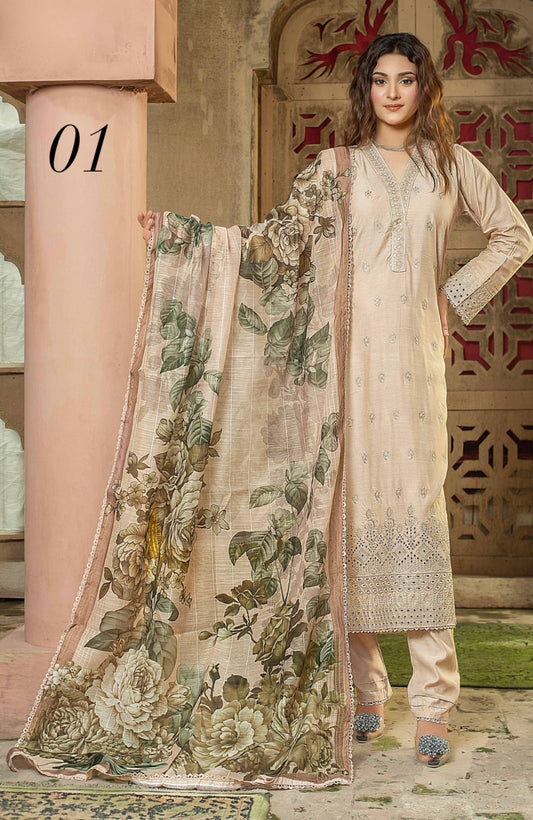 (352) Linen sequin embroidered suit digital munar dupatta ready to wear
