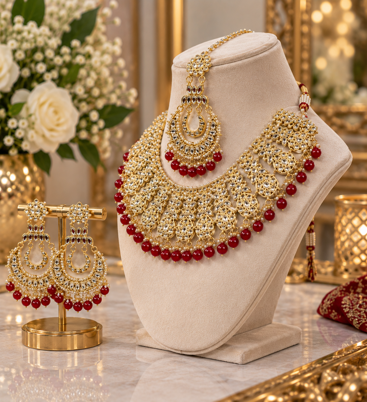 (J6) Pakistani elegant deep red silver diamonte jewelry set