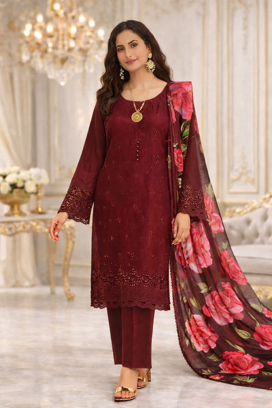 (306) Pakistani Chikankari Viscose Suit | Sequin & Floral Dupatta