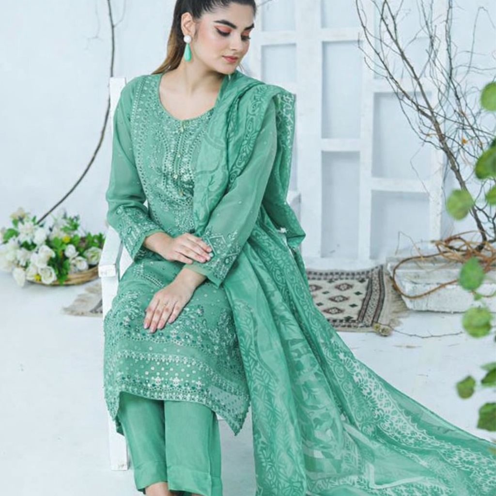 (276) Ready-Made Organza Suit | Sequin & Chikankari Embroidery