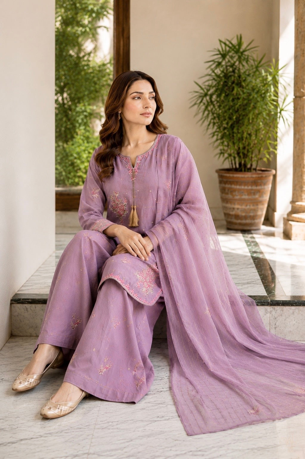 (353) Abeeha Elegant mauve Viscose Suit – A beautifully designed rounded kameez featuring delicate gold thread floral embroidery, paired with stylish palazzo trousers and a soft bamber dupatta.