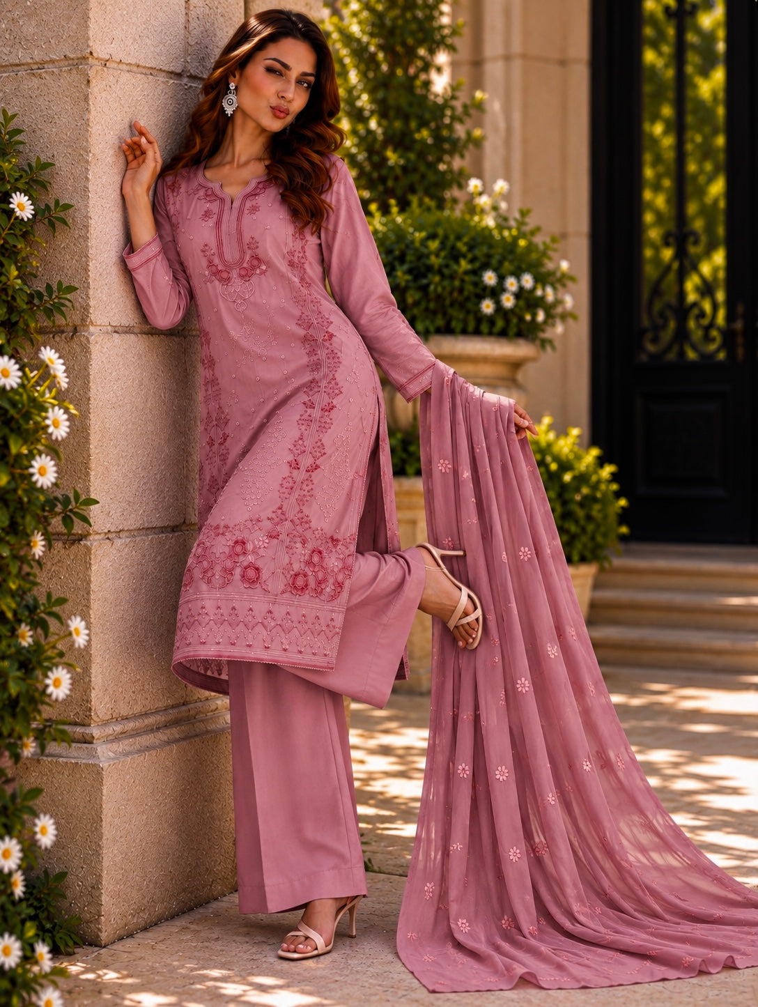 (361) Abeeha mauve Viscose Floral Embroidered Suit 
A beautiful blend of comfort and elegance, soft viscose kameez with delicate floral embroidery, paired with a stunning Bamber dupatta