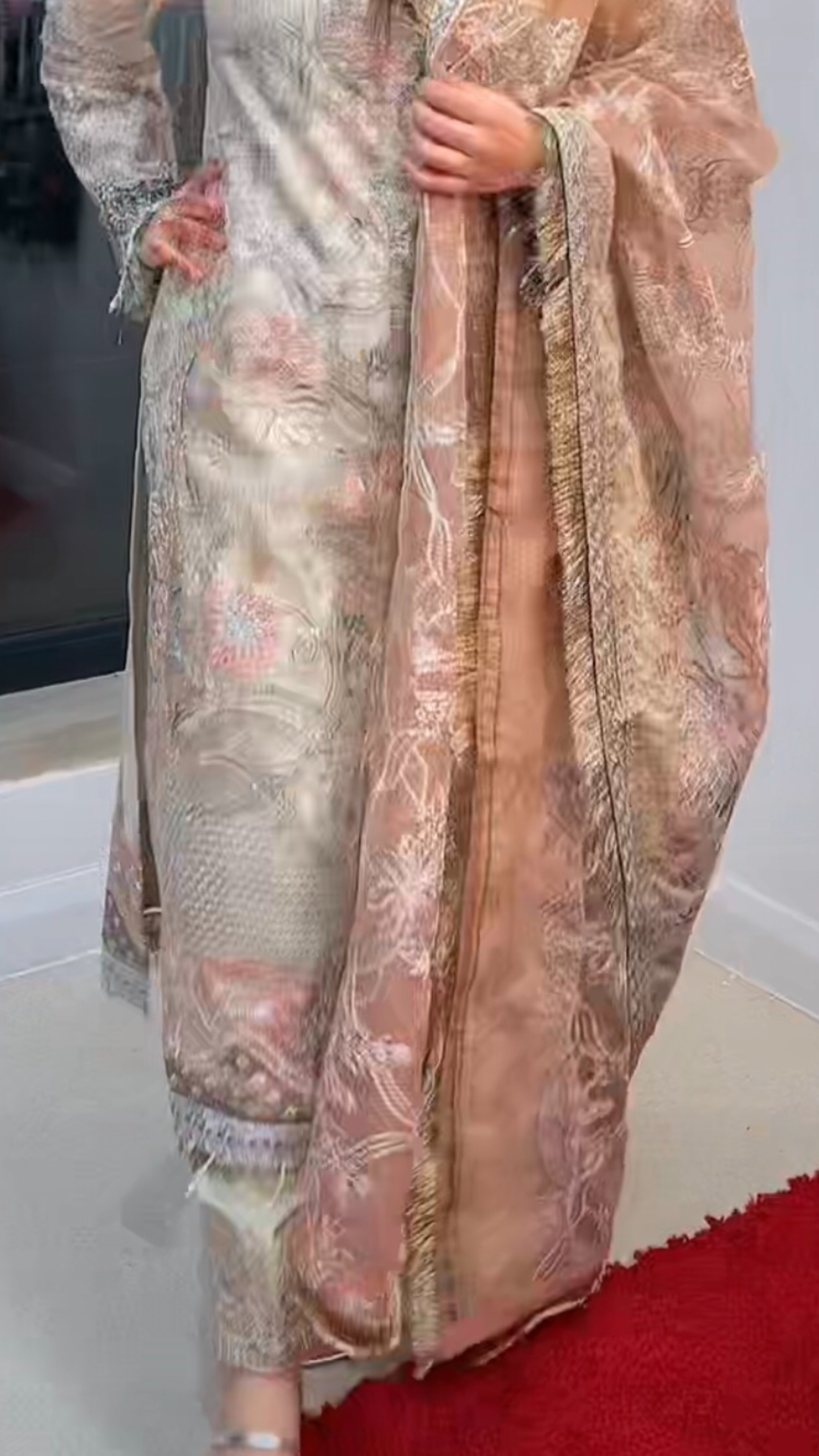 (67) Pakistani Pink & Cream Embroidered Chiffon Suit with Contrasting Dupatta