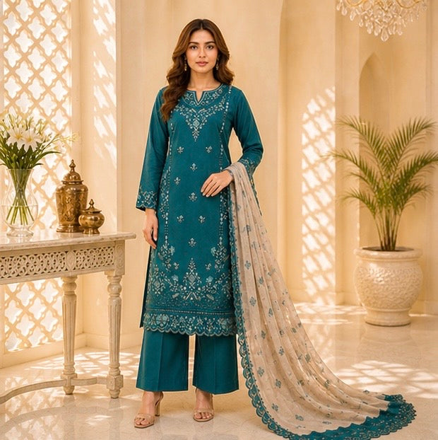 (165) Tawakkal Embroidered Sequin Silky Lawn Suit with Khaddi Dupatta