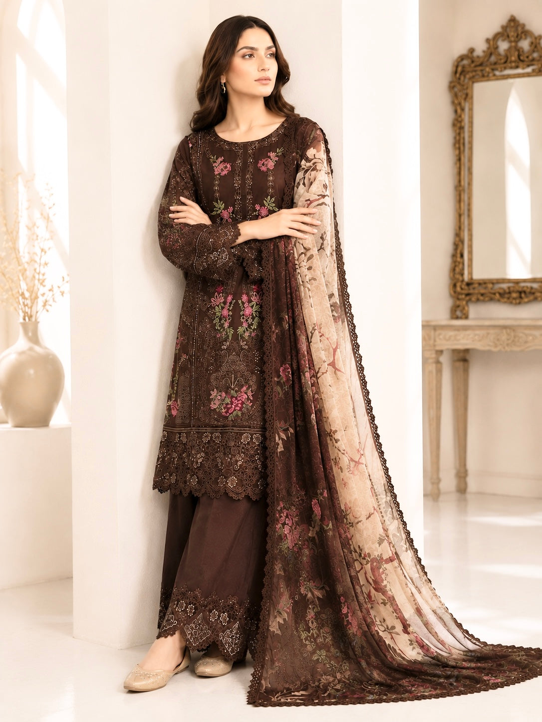 (31) Imrozia/serene noor e zahra cotton embroidered sequin floral lace embroidered plazzo trousers contrast silk dupatta ready to wear