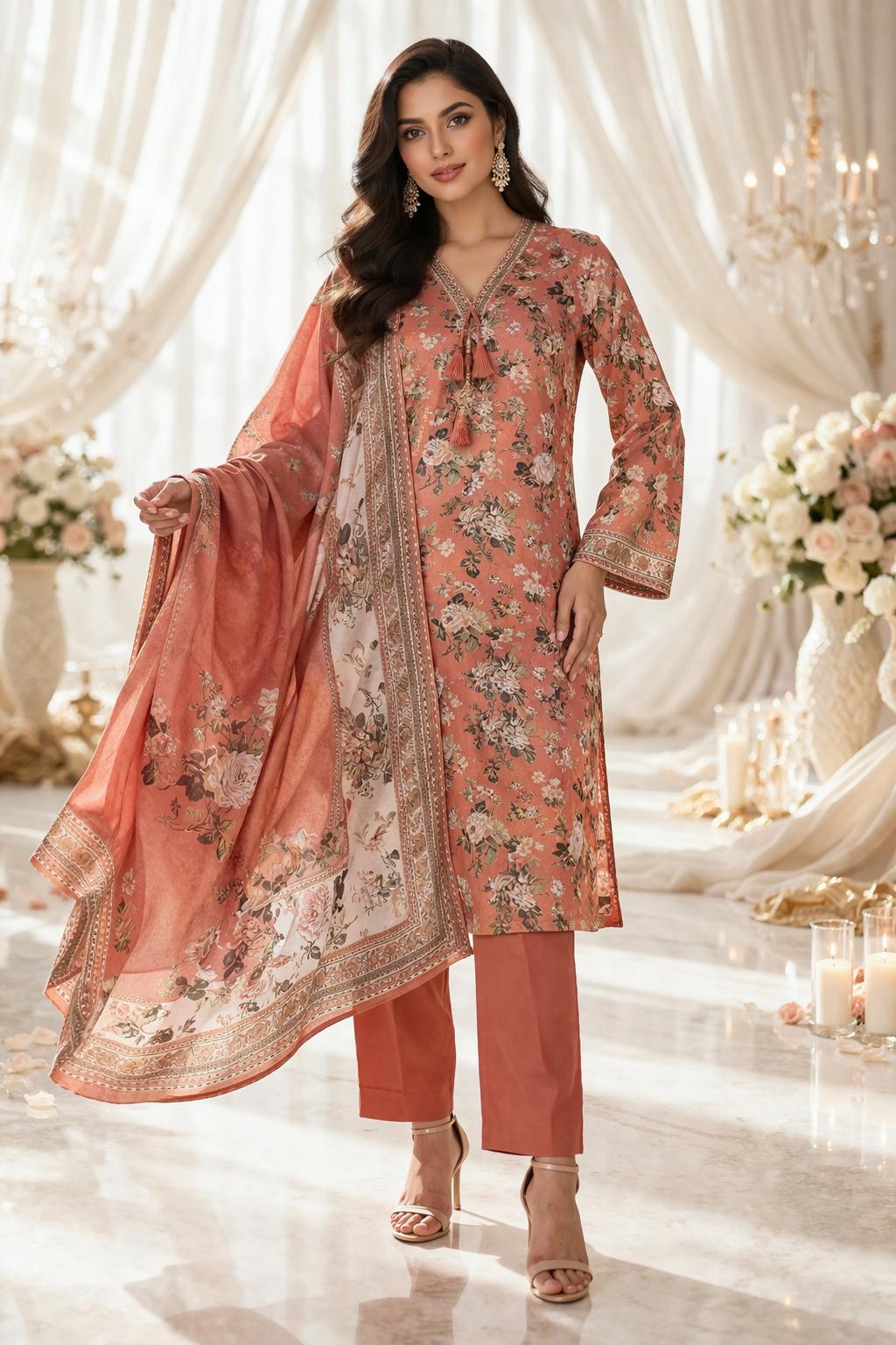 (187) Bin Saeed Floral Printed Lawn Suit | Dupatta & Trousers Set
