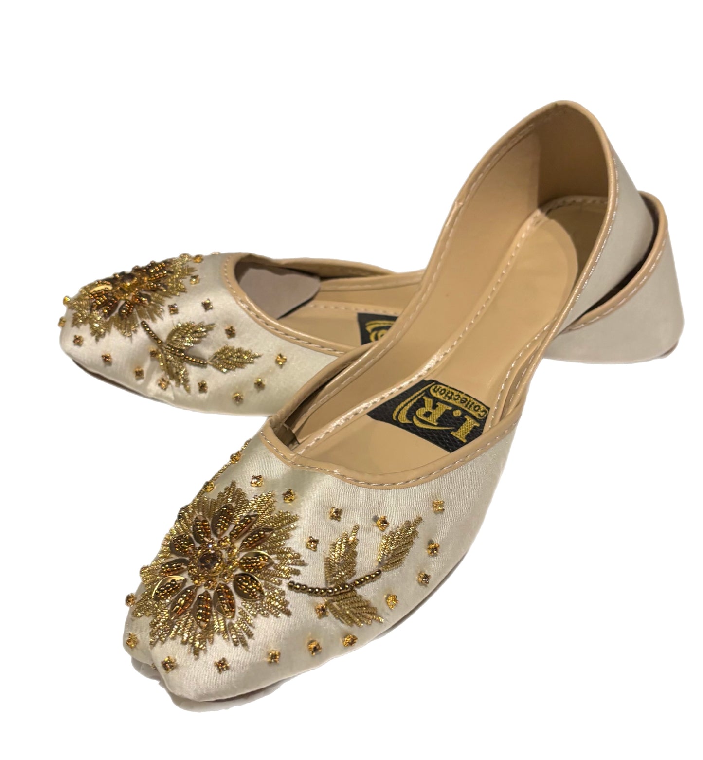 (S15) Handmade Satin Khusa – Gold Embroidered Punjabi Jutti with Soft Foam Comfort
