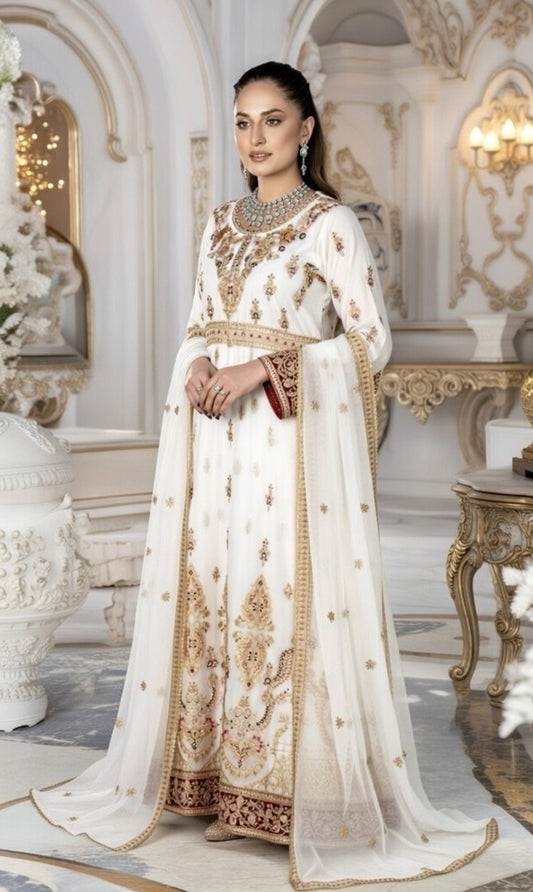 (116) Elegant white Pakistani Crinkle Chiffon Long anarkali 3-Piece Suit with Gold Diamante Accents and Fine Gold Thread Embroidery