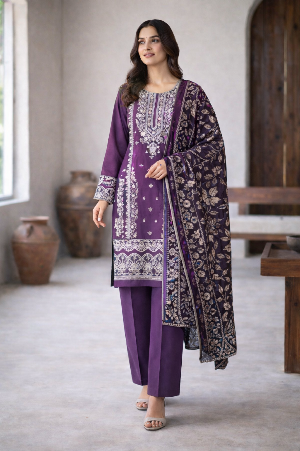 (321) Pakistani Viscose Suit | Thread Embroidery & Palachi Dupatta