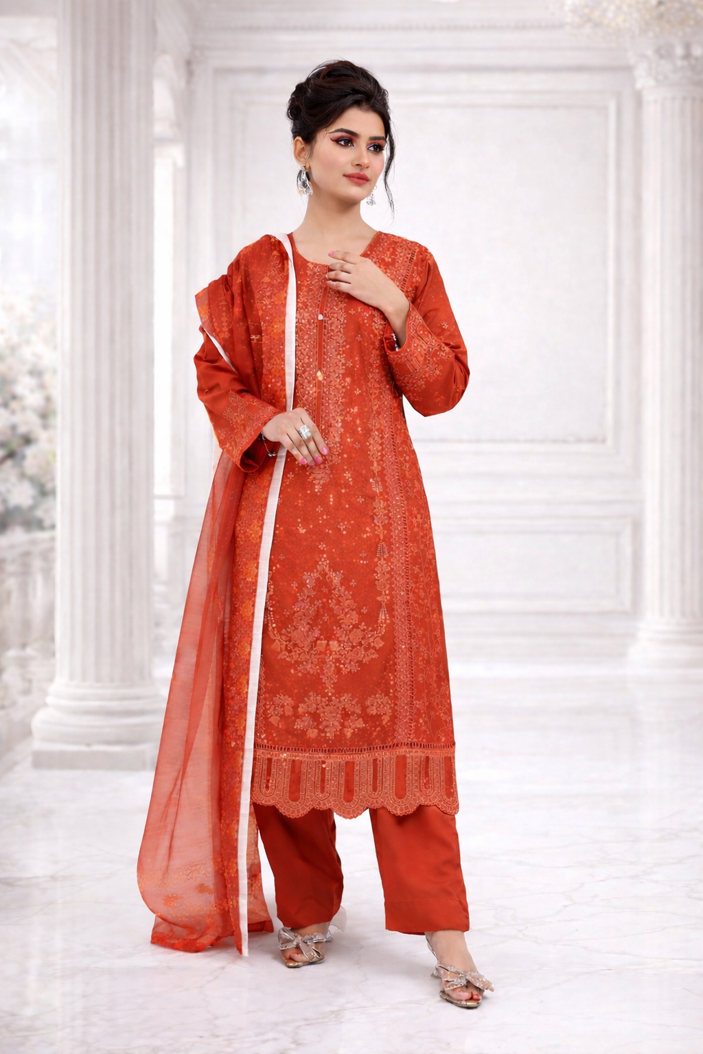(354) Orange Chikankari Viscose Suit | Sequin Embroidery | Ready to Wear