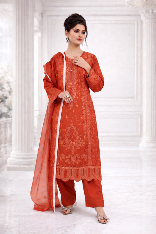(354) Orange Chikankari Viscose Suit | Sequin Embroidery | Ready to Wear