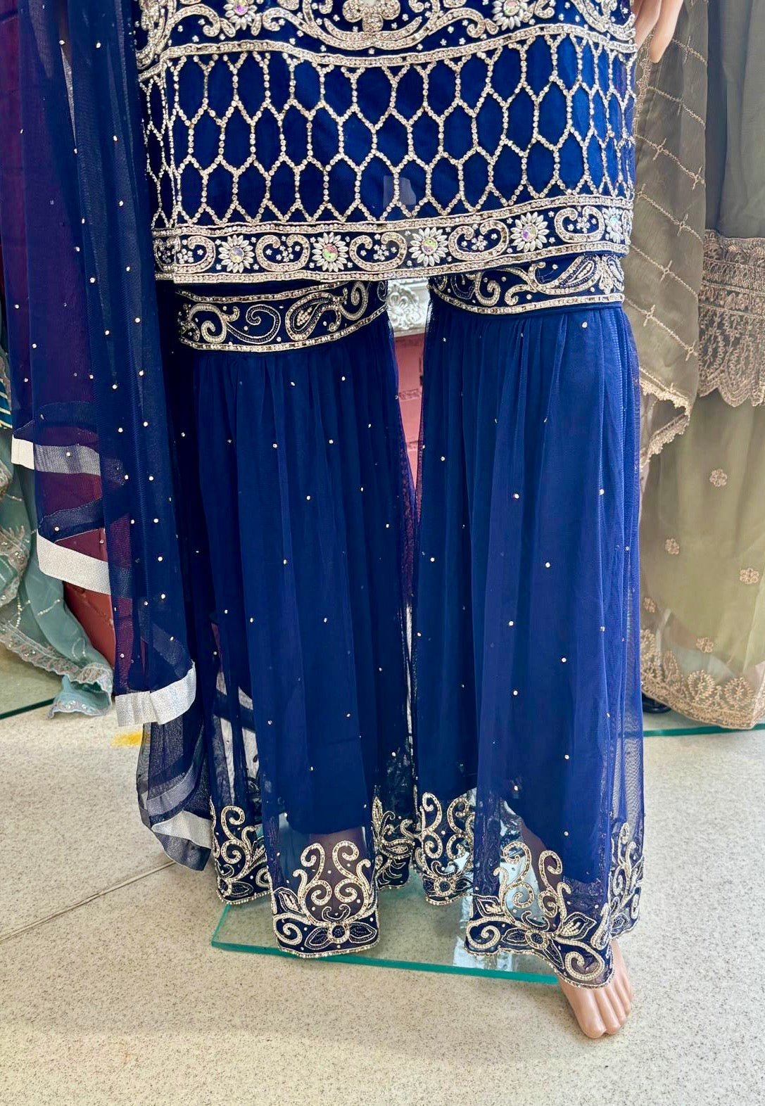 (6) Indian Pakistani elegant diamanté gharara embroidered organza dupatta ready made suit