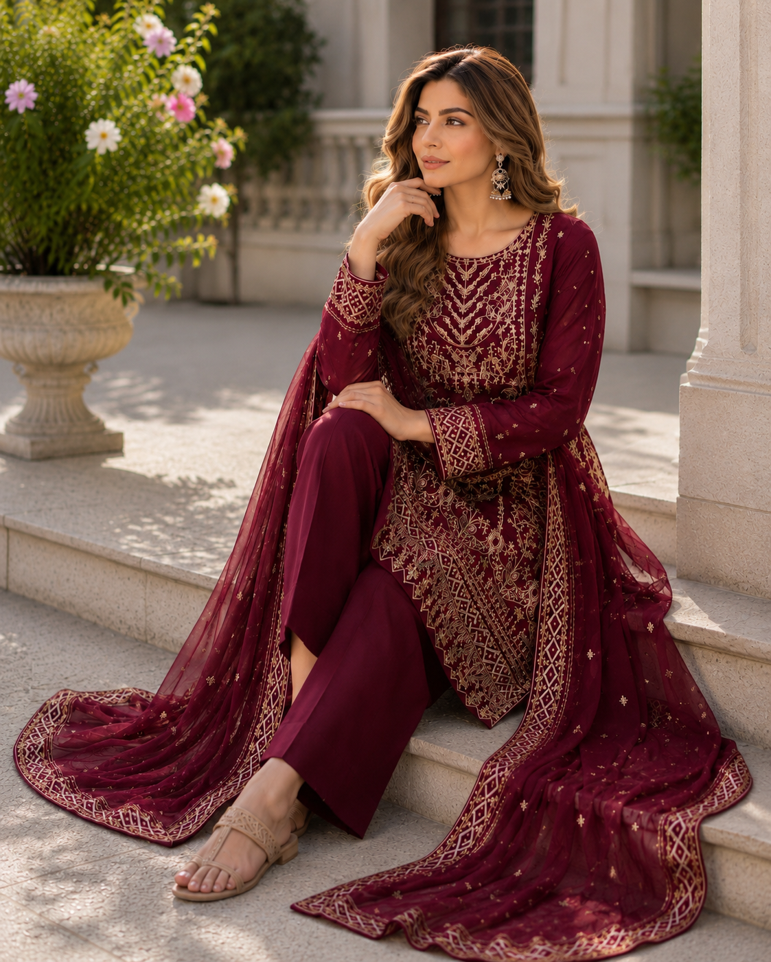 (14) Pakistani Chiffon Embroidered Sequin Suit Ready to Wear with Dupatta