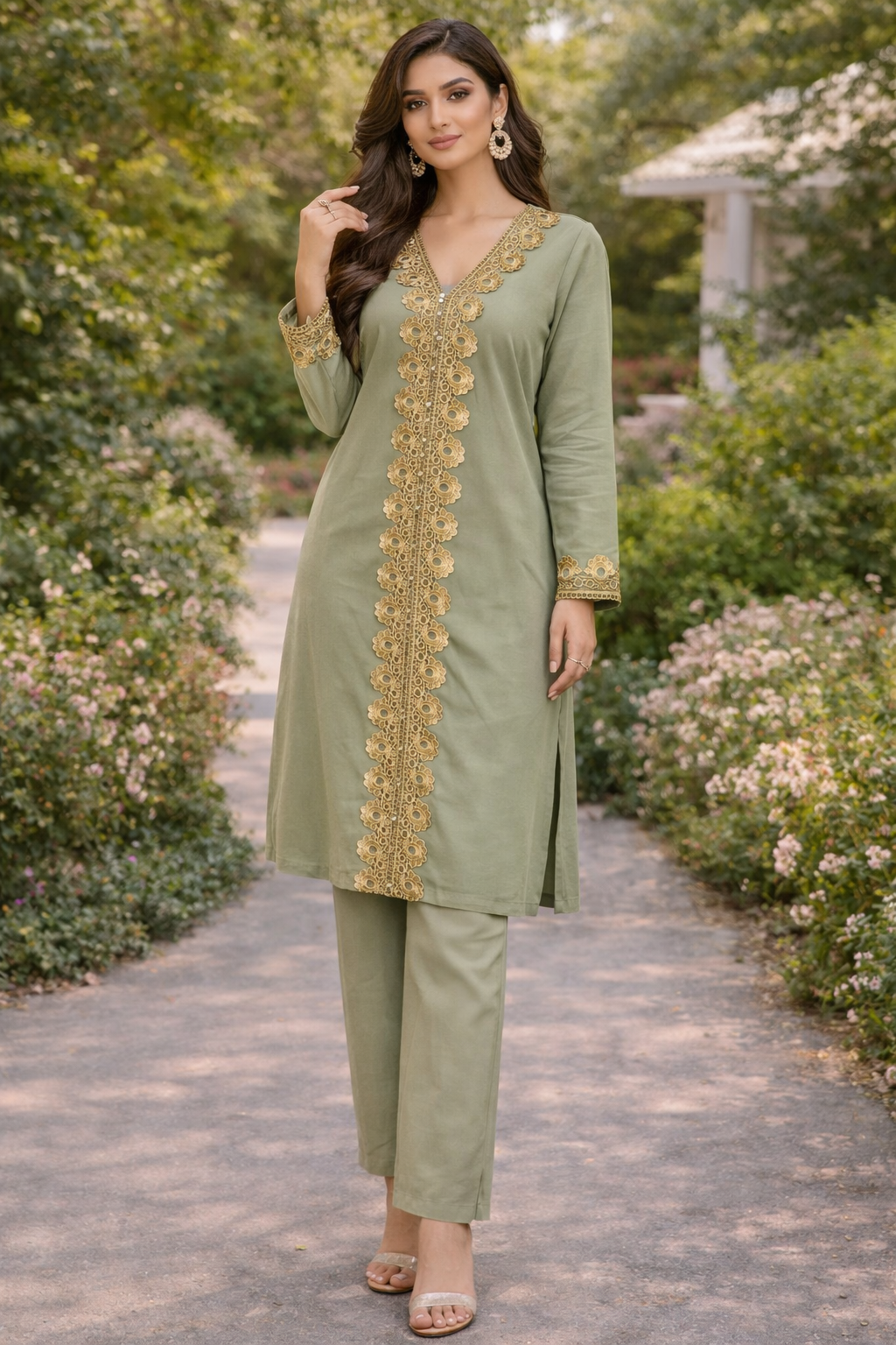 (103) Embroidered Co-ord | Diamanté Easy-Flow viscose Set Comfy Pocket Trousers