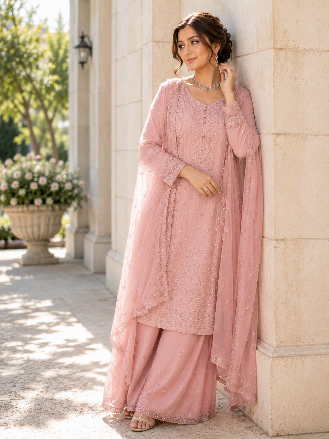 (287) Elegant Pink Chiffon Suit | Mirror, Bead & Sequin Embroidery