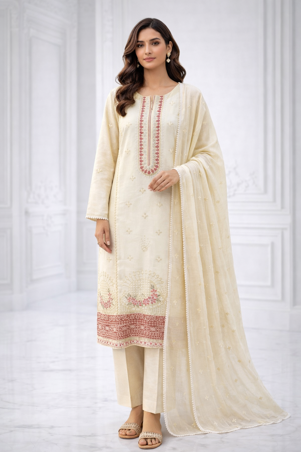 (21) Elegant Linen 3PC Suit | Chikankari & Lace | Lawn Dupatta