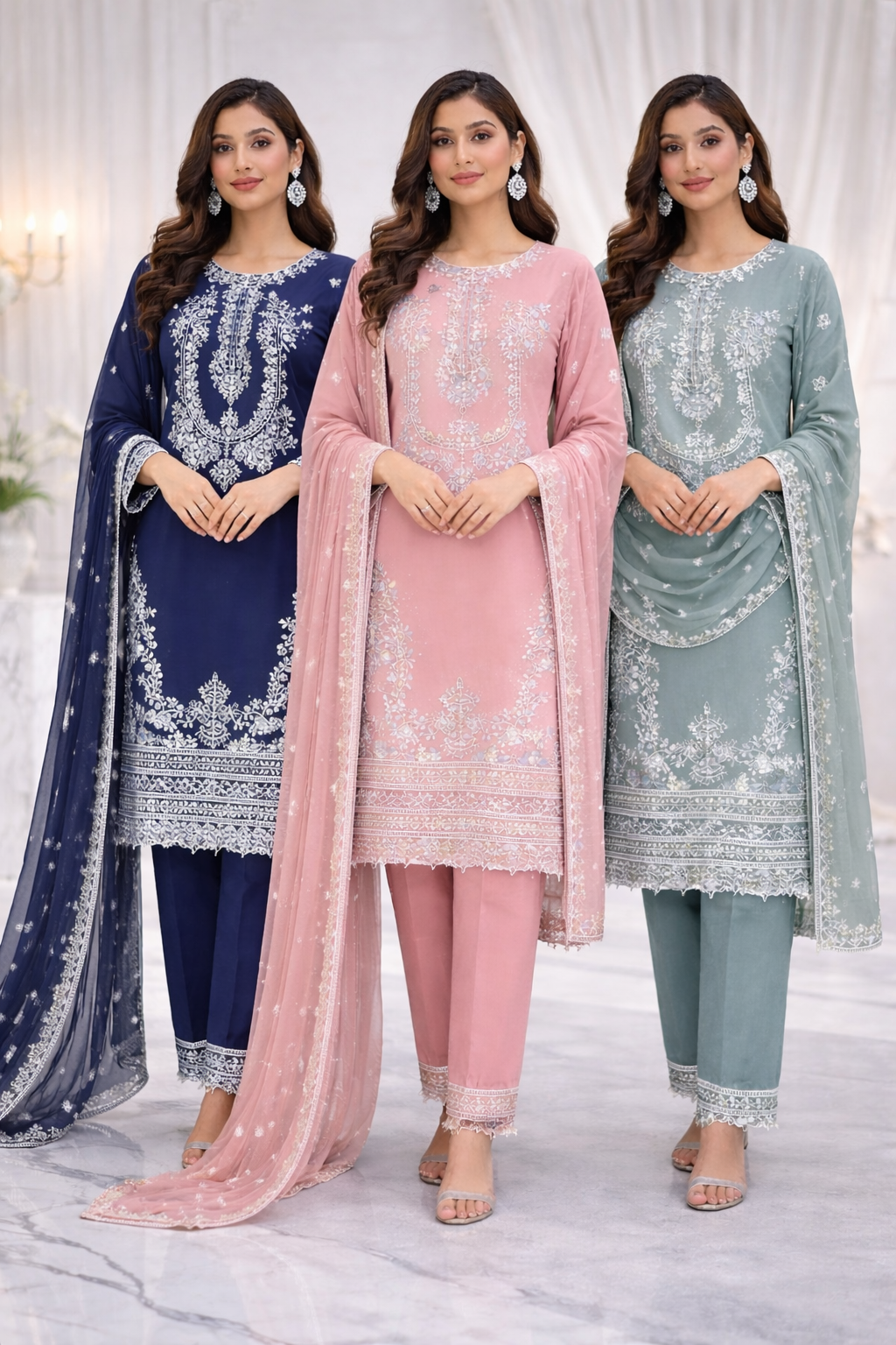 (100) Pakistani Pink Peach Chiffon Embroidered Outfit with Diamonte Detailing Chiffon Dupatta and Straight Trousers Ready to Wear