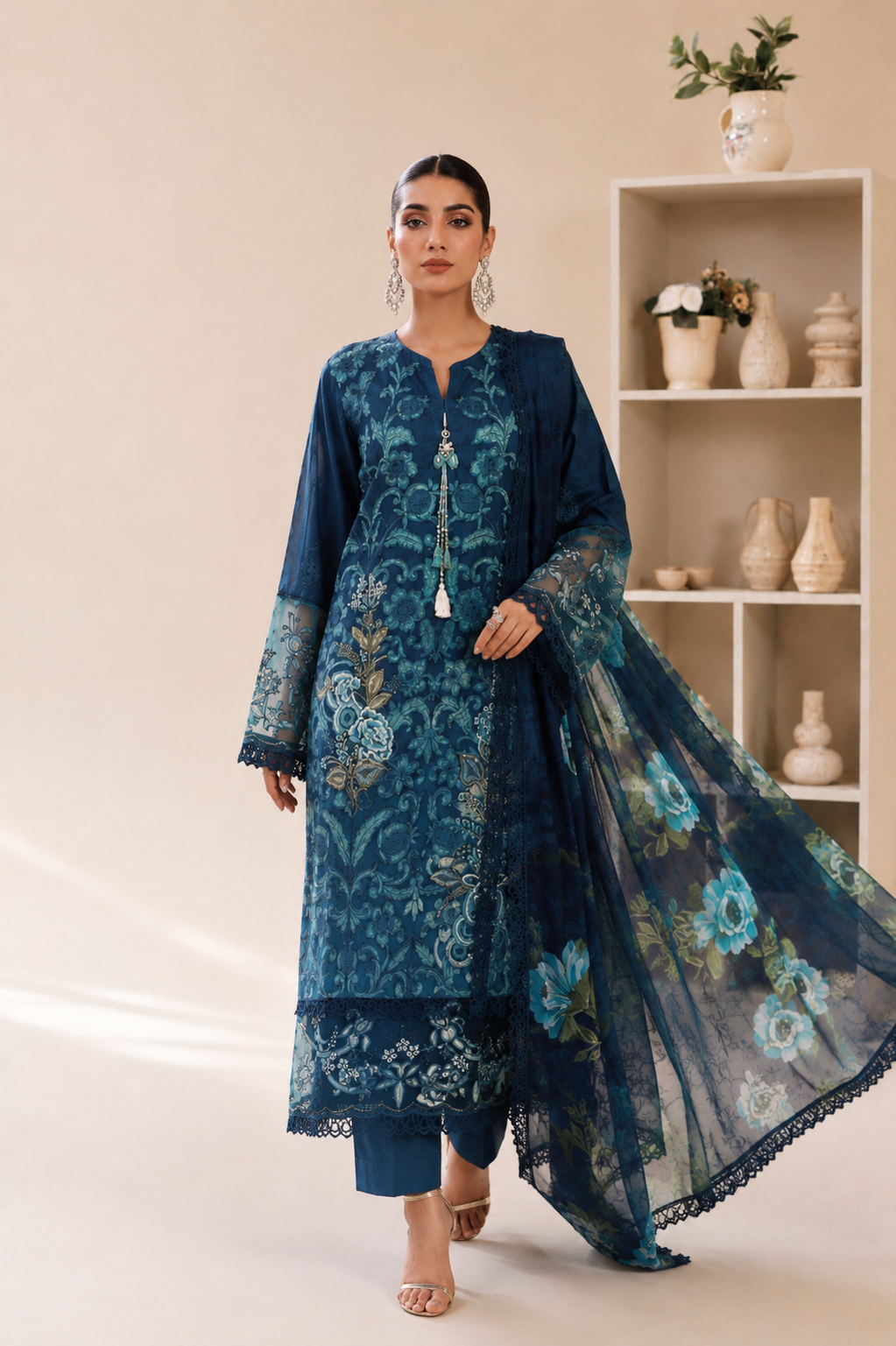 (352) Maria b inspired embroidered arabic lawn embellished pearl sequin printed tissue silk dupatta ready to wear