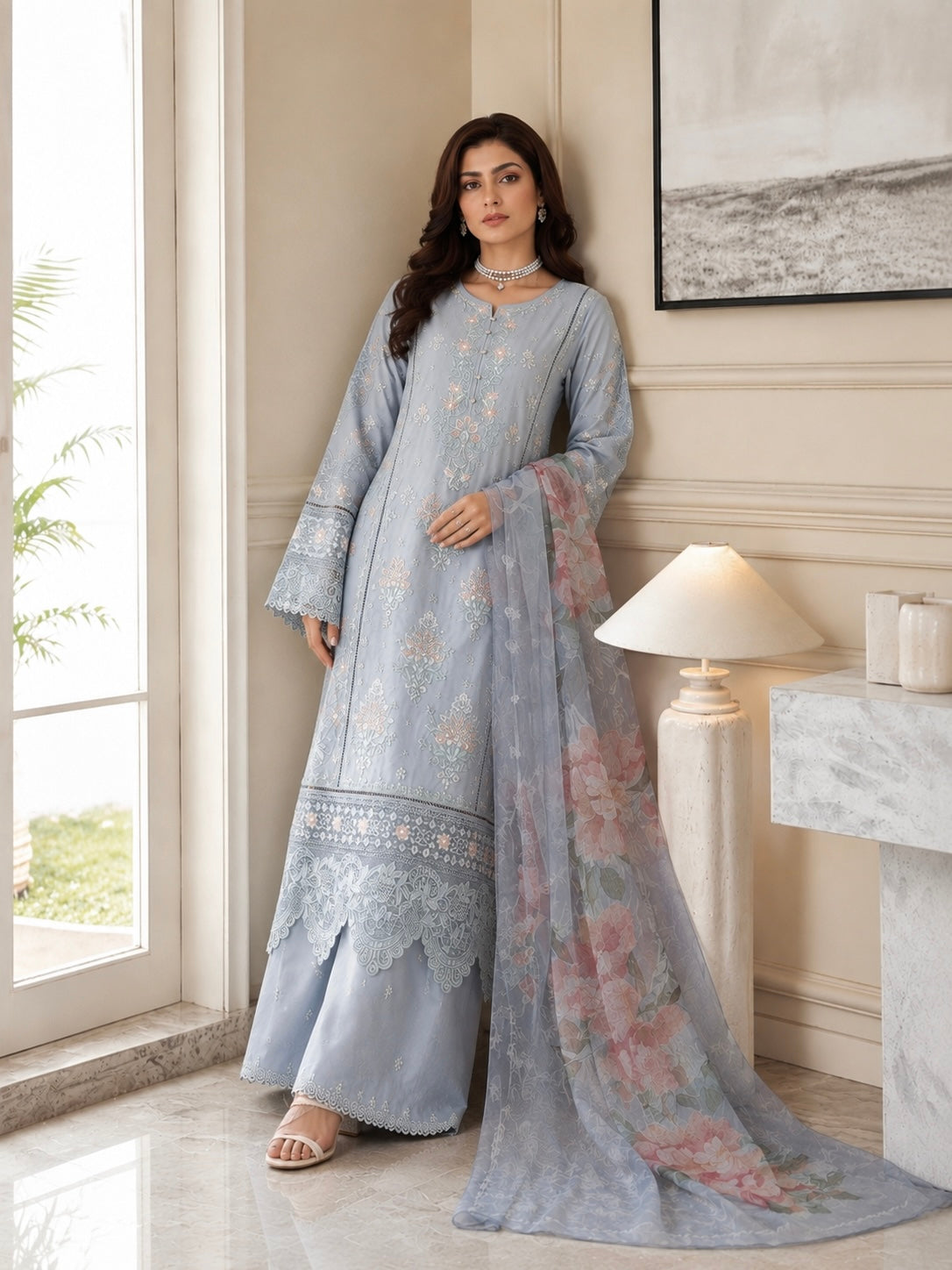 (27) Imrozia/serene viscose pastel floral lace embroidered pearl button plazzo khadi net dupatta ready to wear