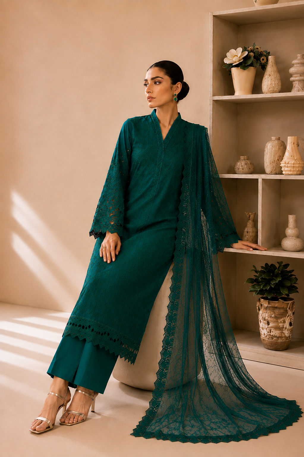 (351) Maria b inspired embroidered arabic lawn lace cutwork pearl sequins printed chiffon dupatta ready to wear