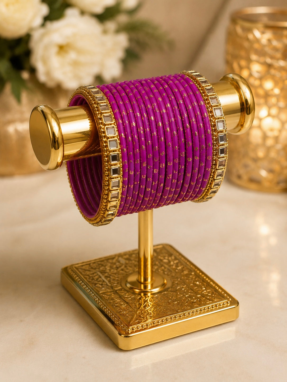 (B10) Elegant fuchsia pink bangles with delicate gold detailing and sparkling statement borders size 2.6