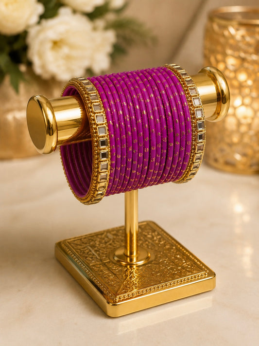 (B10) Elegant fuchsia pink bangles with delicate gold detailing and sparkling statement borders size 2.6