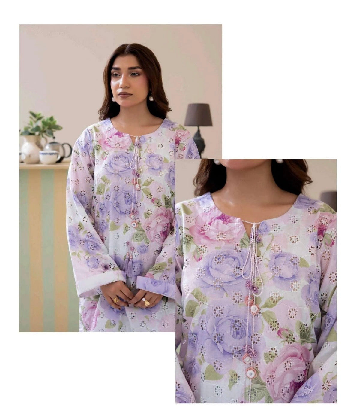 (38) Adan’s schiffli floral chickankari printed voil lawn shirt lawn trousers co ord set
