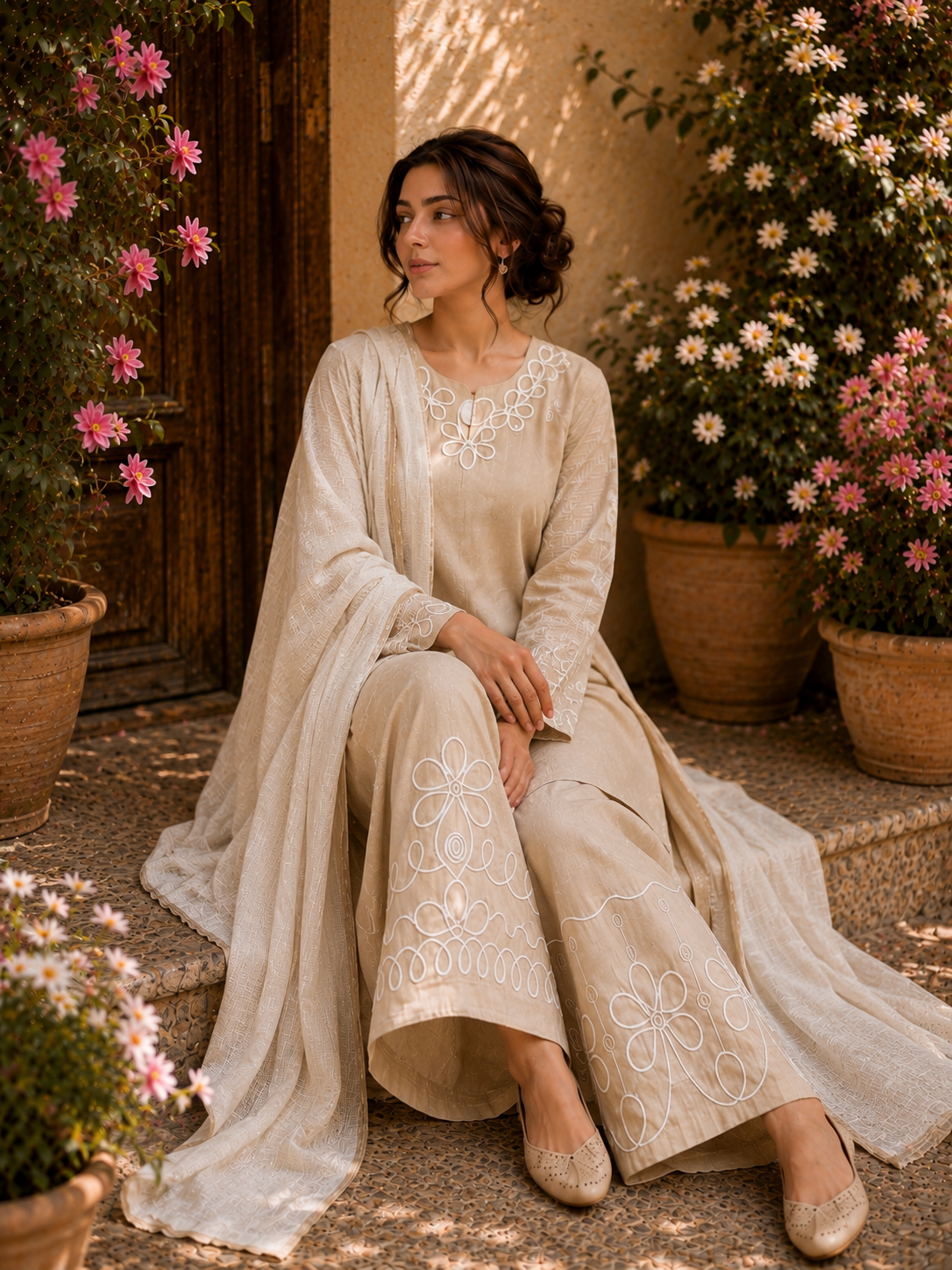 Elegant Linen lined pattern detailed Suit
Crafted from breathable premium linen, this elegant ready-to-wear suit features beautiful white embroidery on the neckline, sleeves, kameez hem, and palazzo trousers.