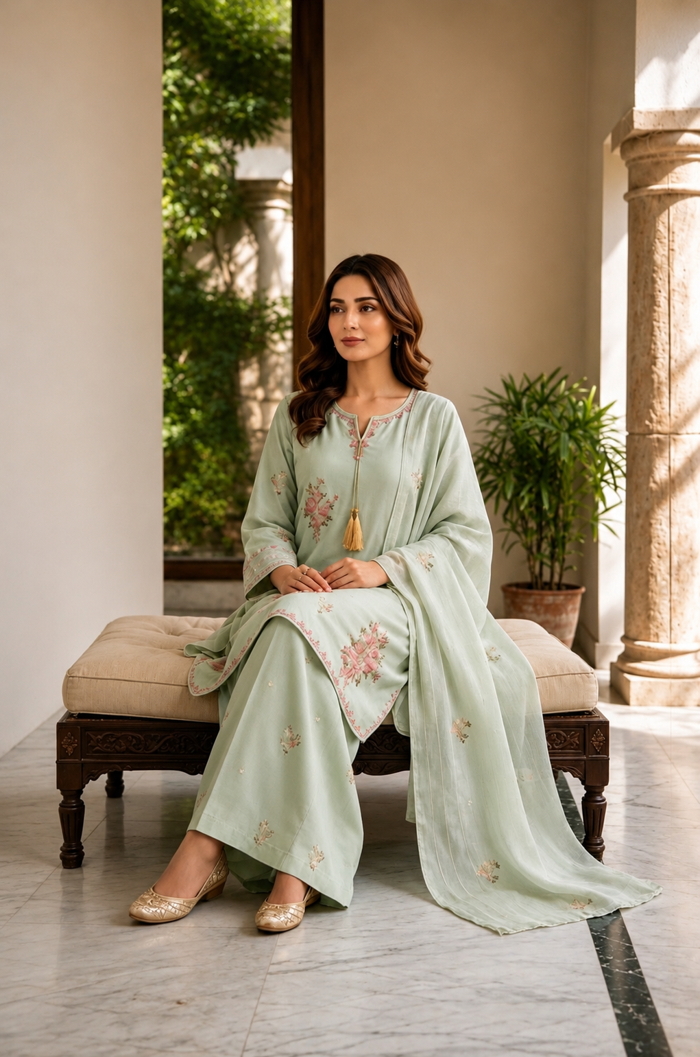 (356) Abeeha Elegant Light Green Viscose Suit – A beautifully designed rounded kameez featuring delicate gold thread floral embroidery, paired with stylish palazzo trousers and a soft bamber dupatta.