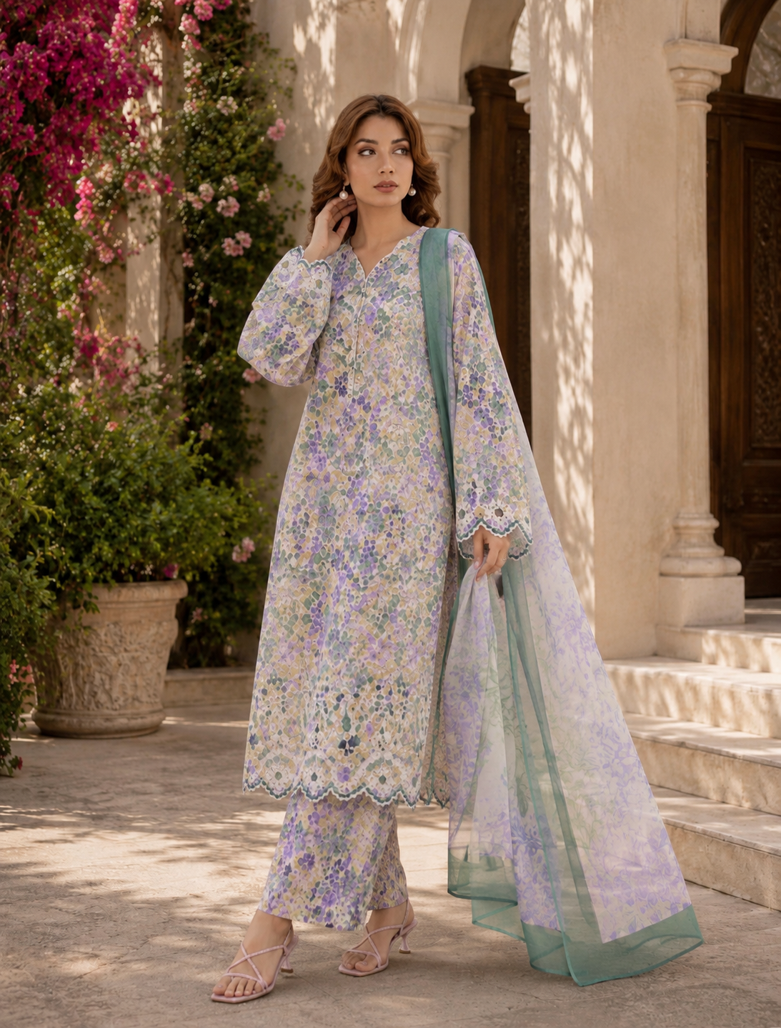 (183) Adan’s Libas Printed Lawn Suit | Lace Embroidery & Voile Dupatta