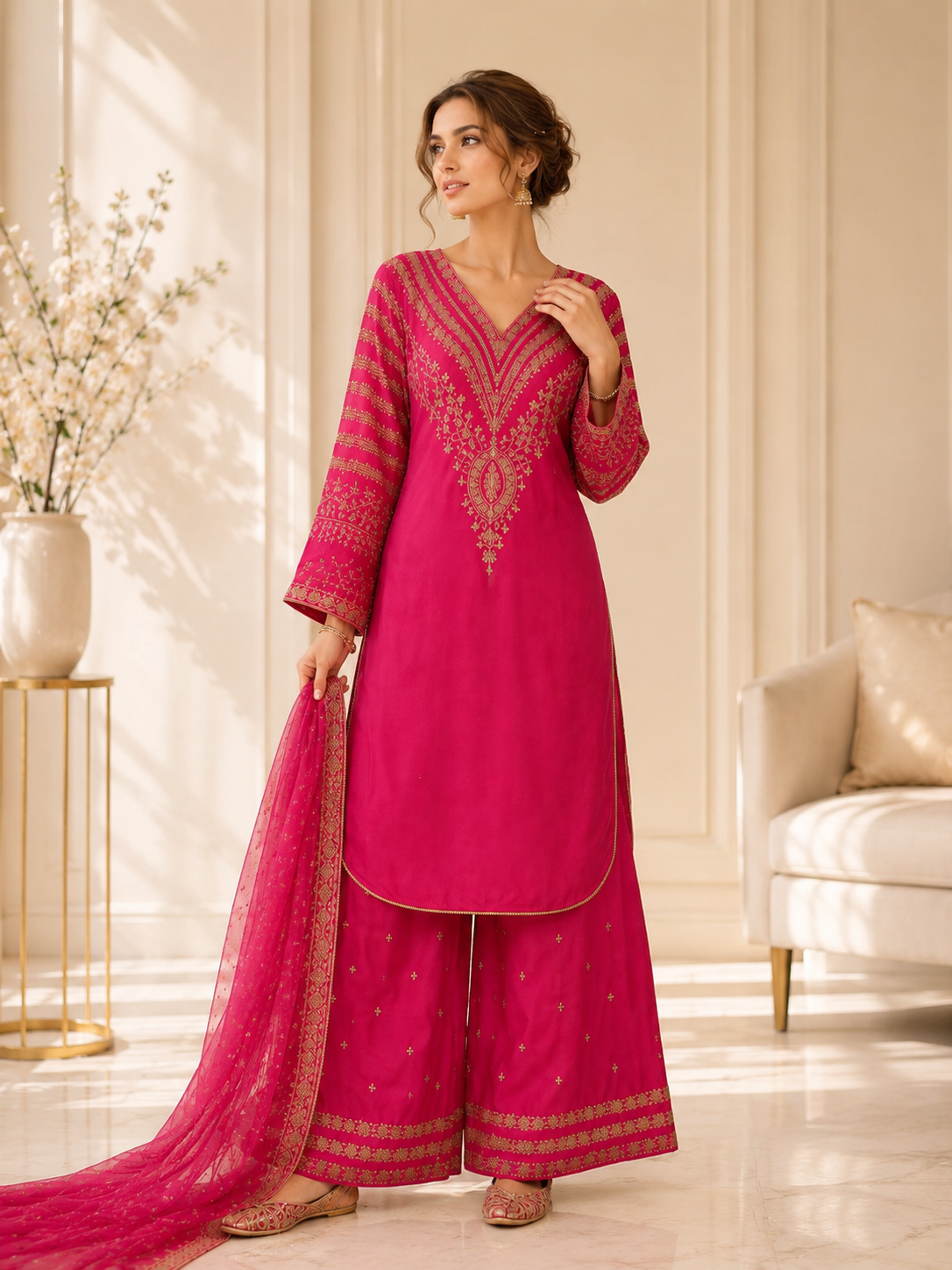 (295) Shocking Pink Viscose Palazzo Suit | Gold Thread & Sequin Work