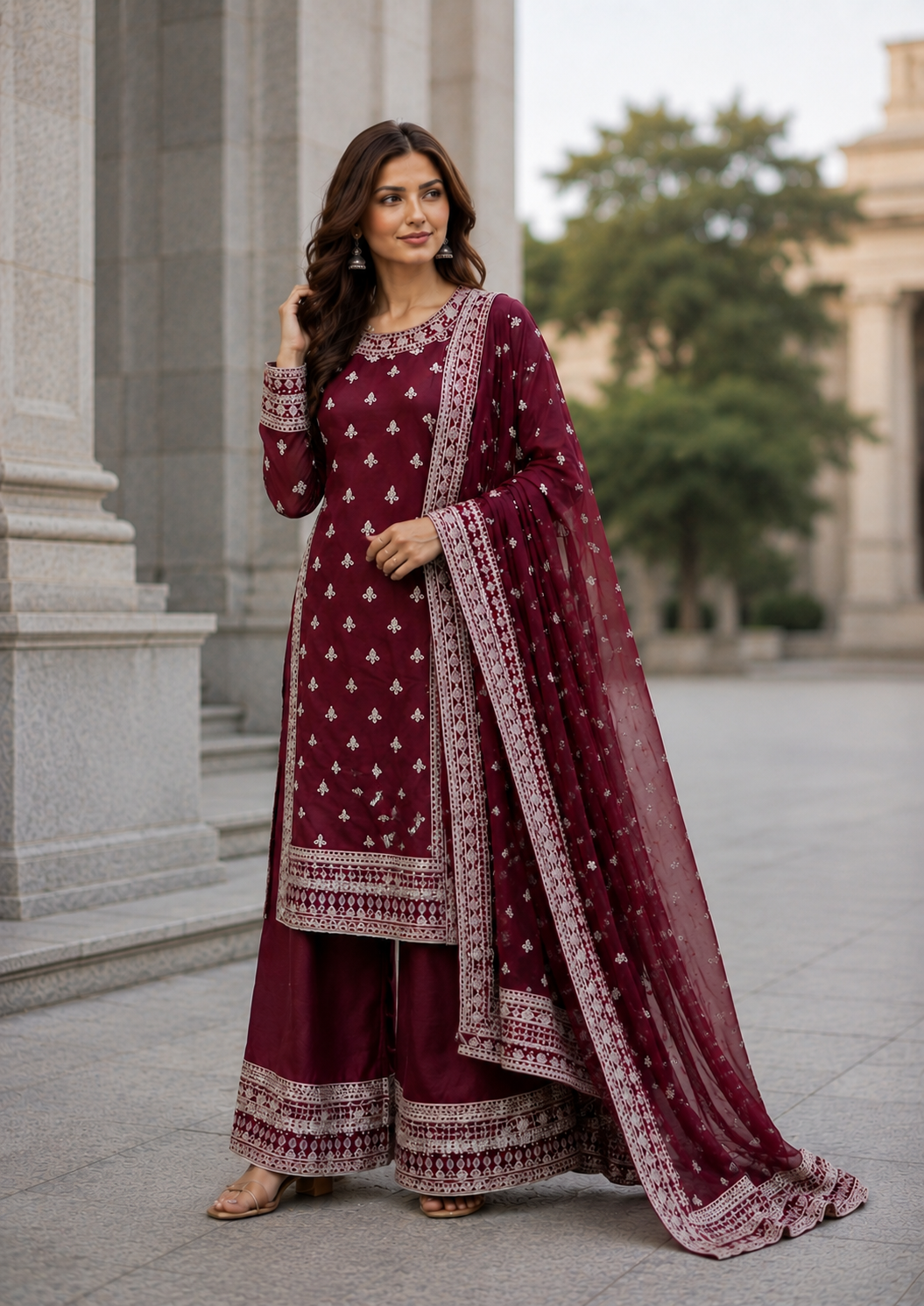 (327) Embroidered Chiffon Kameez | Gold Beaded Dupatta Set