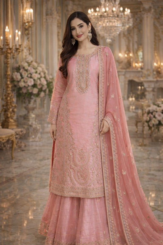 (275) Finely Embroidered Sheesha Silk Suit with Gold Detailing Flared Gharara and Organza Dupatta Ready to Wear