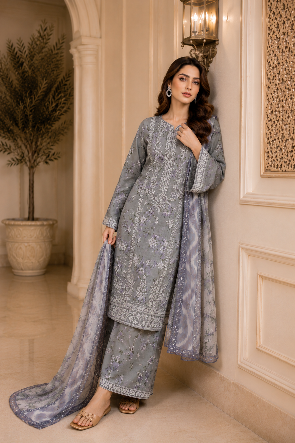 (178) Adan’s Libas Printed Lawn Suit | Lace Embroidery & Voile Dupatta