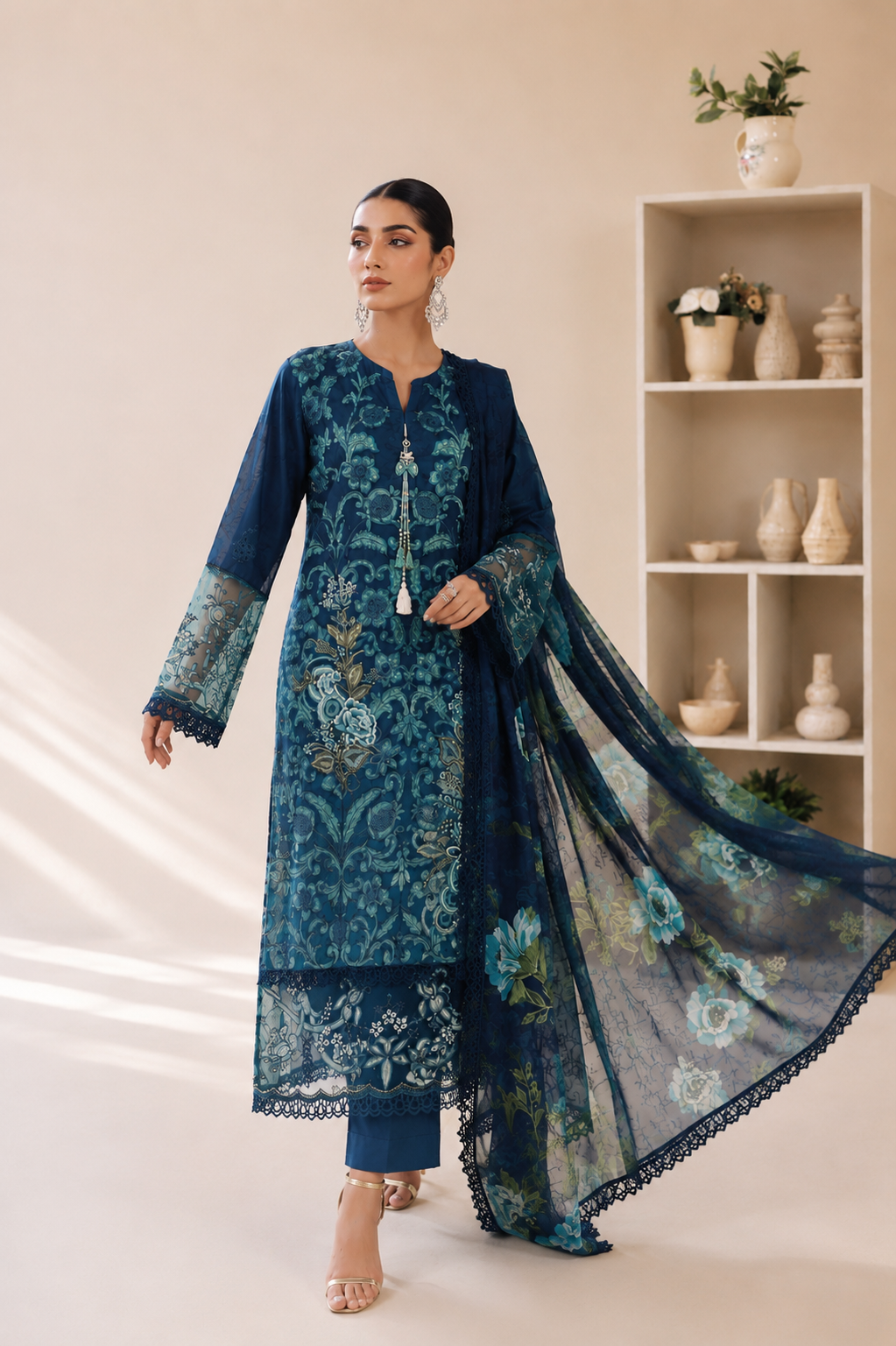 (352) Maria b inspired embroidered arabic lawn embellished pearl sequin printed tissue silk dupatta ready to wear