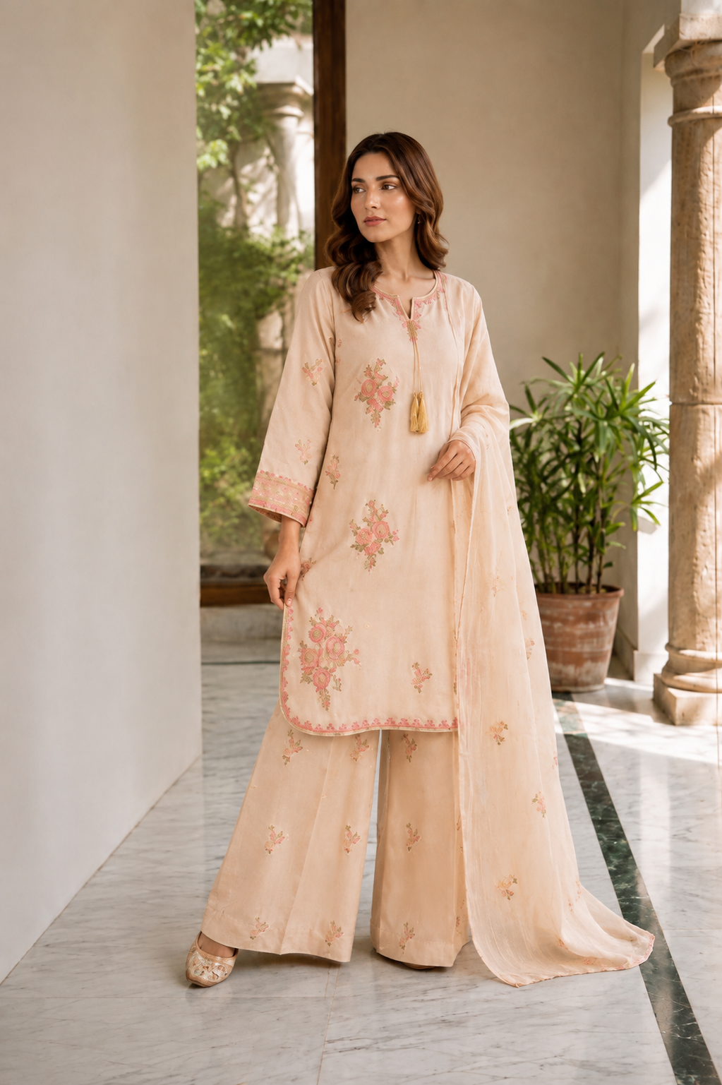 (366) Abeeha Elegant beige Viscose Suit – A beautifully designed rounded kameez featuring delicate gold thread floral embroidery, paired with stylish palazzo trousers and a soft bamber dupatta.