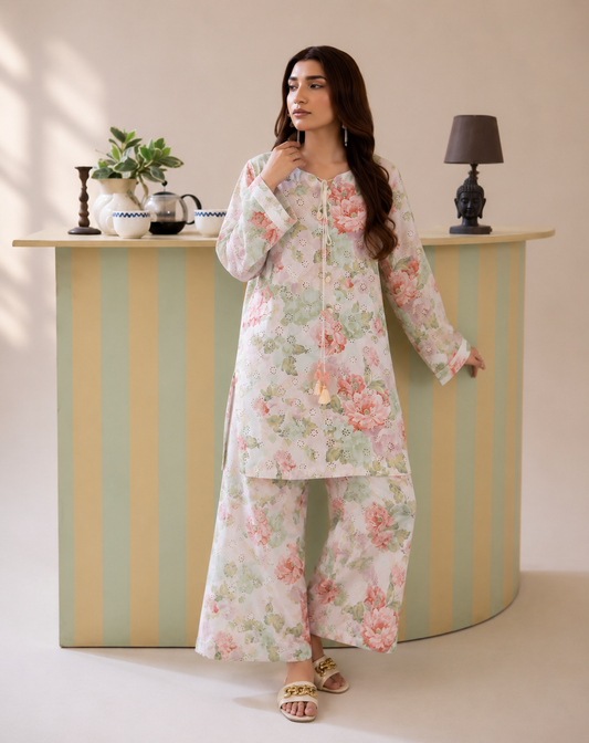 (18) Adan's Schiffli Floral Chikankari Voil Lawn Co-Ord Set