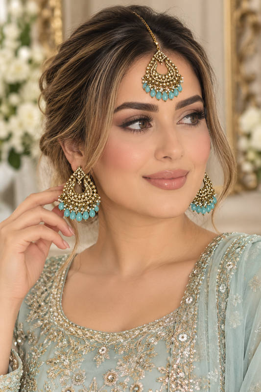 (J4) Pakistani turquoise gold diamonte tikka jewelry set