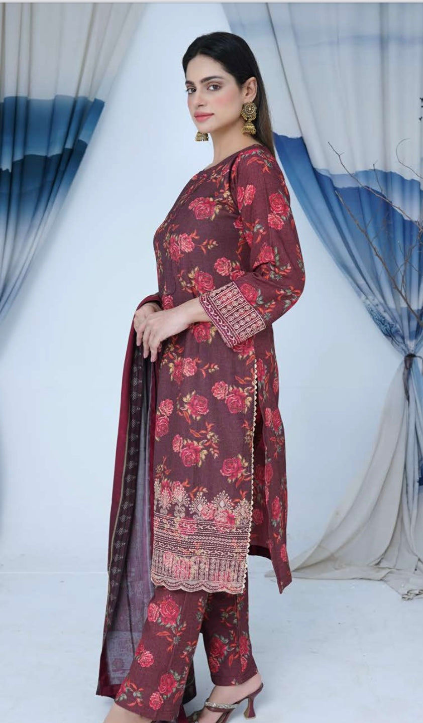 (166) Luxury Dhanak Embroidered Suit | 3 Piece Ready to Wear Winter Collection