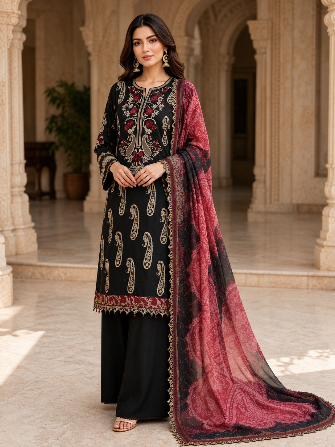 (4) Rangreza pret lawn beautifully thread embroidered lace trim contrast chiffon duppatta plazzo trousers pearl beaded cuff arms ready to wear