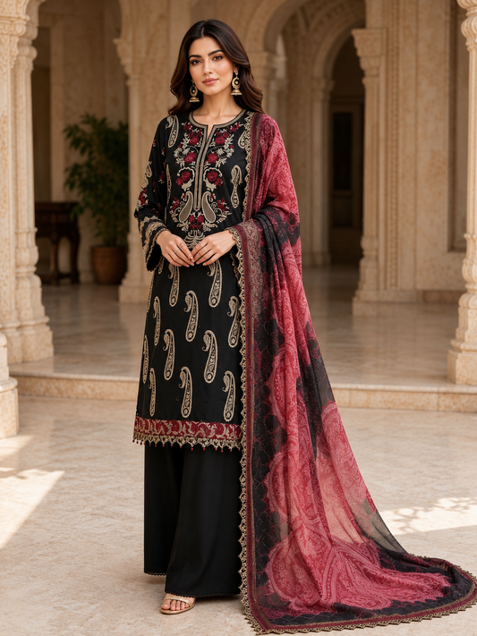 (4) Rangreza pret lawn beautifully thread embroidered lace trim contrast chiffon duppatta plazzo trousers pearl beaded cuff arms ready to wear