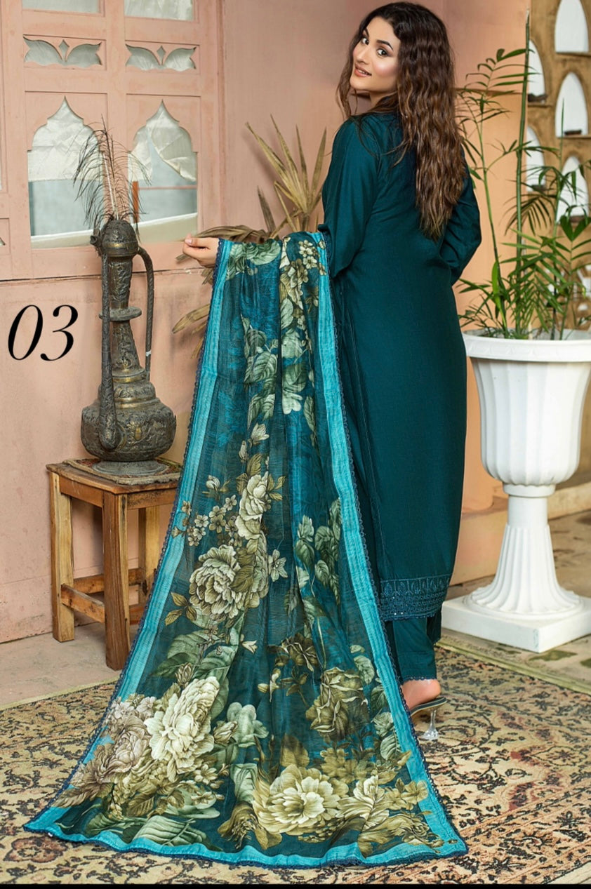 (351) Elegant Linen Sequin Embroidered Suit with Digital Munar Dupatta – Ready to Wear