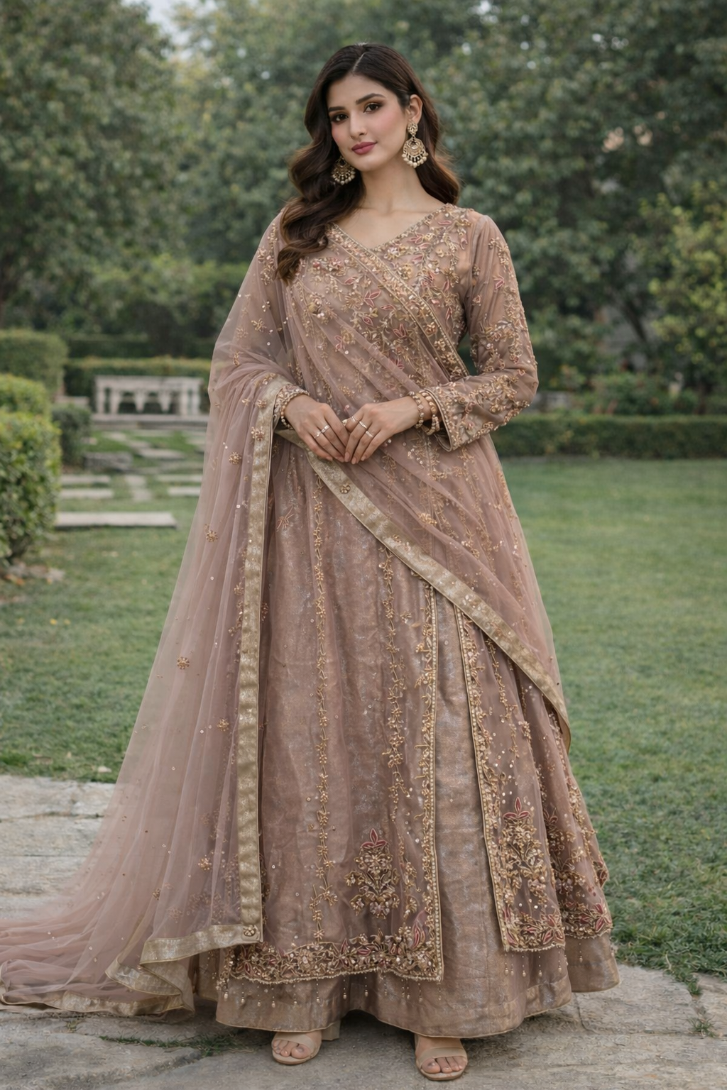 (216) Elegant Wedding Party 2 Piece Suit with Organza Dupatta & Hand Embroidery