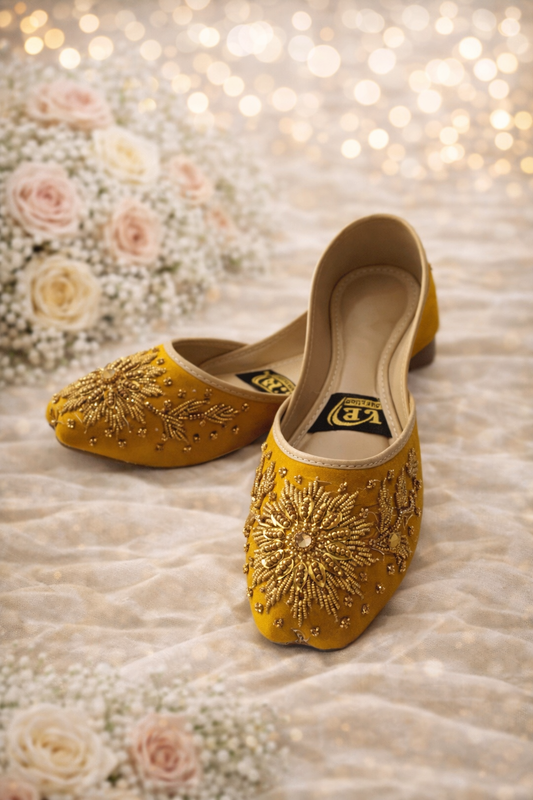 (S28) Handmade mustard Khussa – Gold Embroidered Punjabi Jutti with Soft Foam & Non-Slip Sole