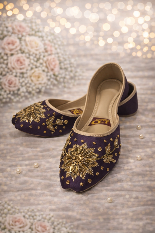 S5) hand made satin purple Khussa gold embroidered soft foam non slip Punjabi jutti