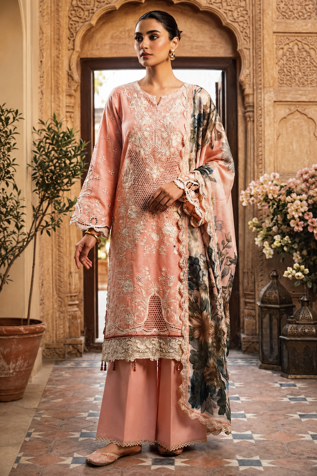 (1) Rangreza pret peach lawn chicken Kari lace embroidered pearl embellished chiffon contrast dupatta ready to wear