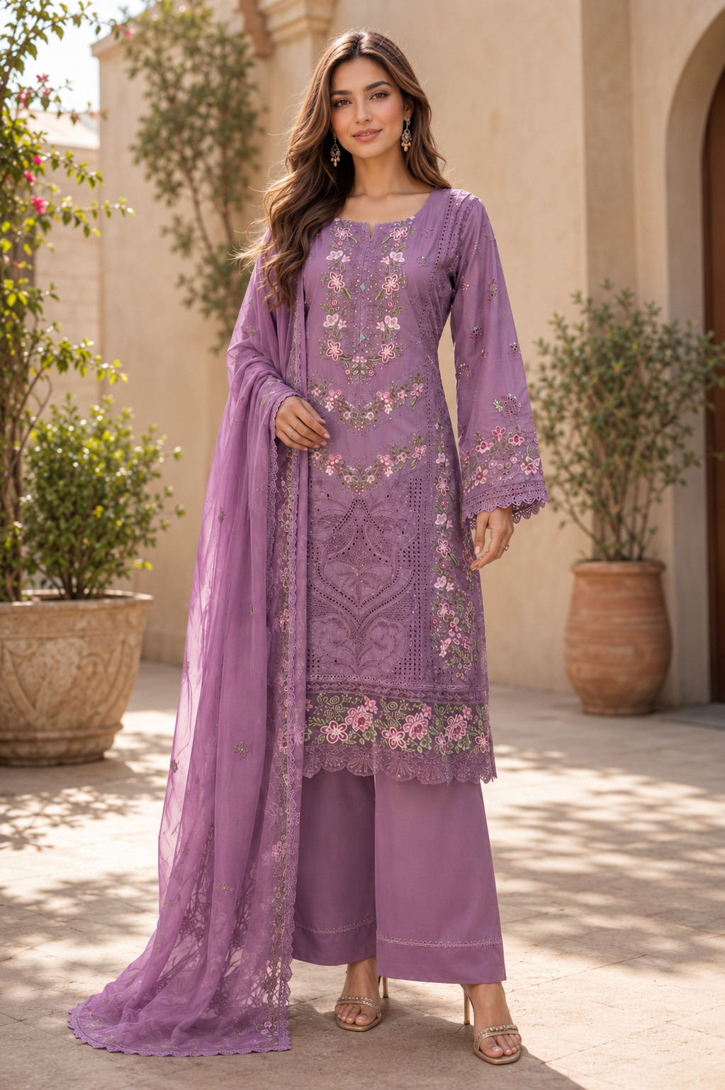 (157) Munira Premium Lawn Suit | Beaded Sequin Embroidery & Chiffon Dupatta